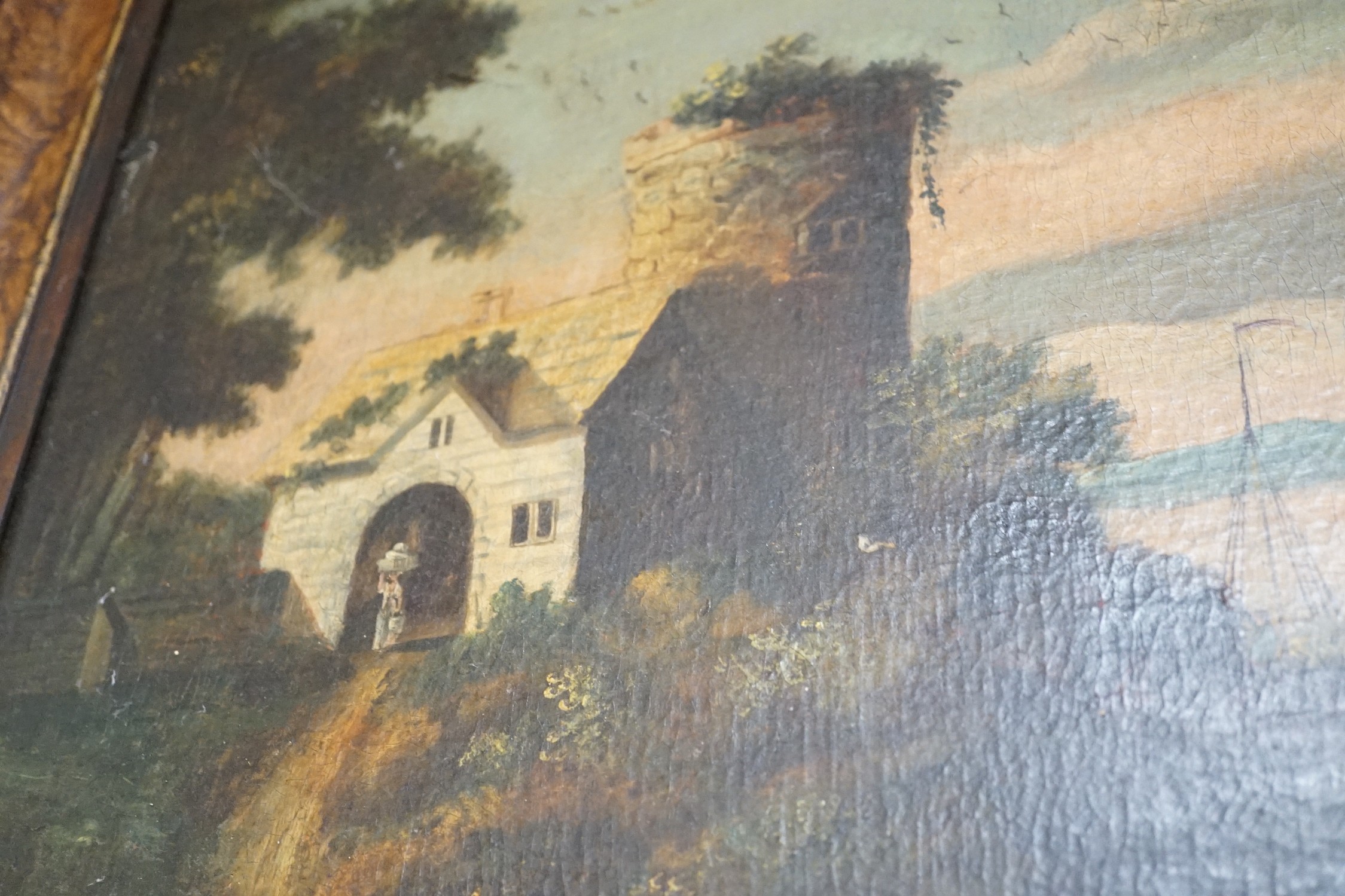 Mid 19th century Continental School, oil on canvas, 'Cattle drover crossing a bridge in a river landscape', 62 x 75cm